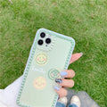 Green TPU iPhone back cover with geometric pattern featuring smiley faces and a polka dot frame.
