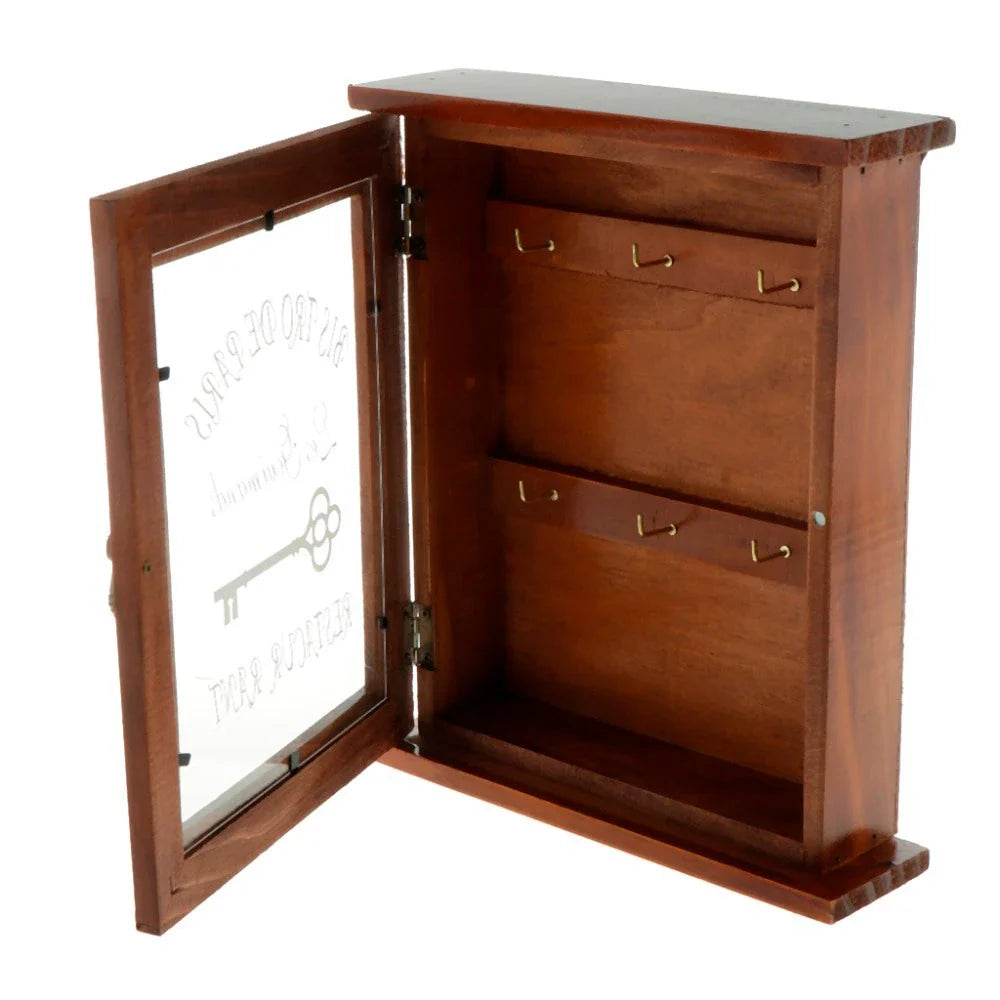 Rustic wooden key holder cabinet with six storage hooks, ideal for organizing keys and other small items in a Kiwi home