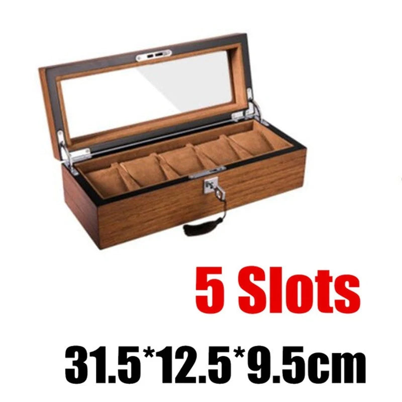 Matte wood grain lock watch storage box with 5 slots, brown finish