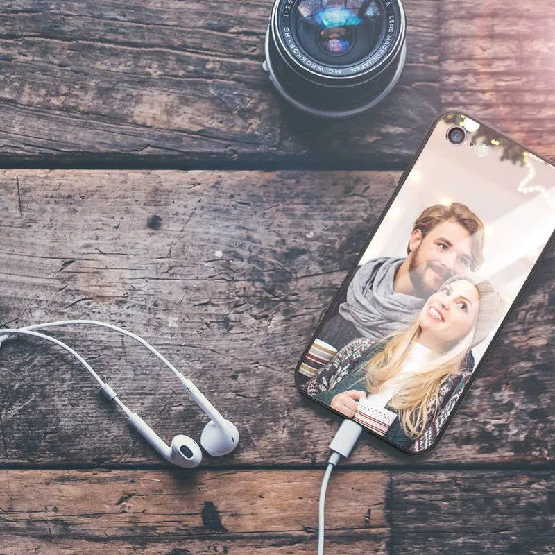 Custom patterned ultra-thin iPhone case with raised bumper edge, shown fitted on an iPhone.