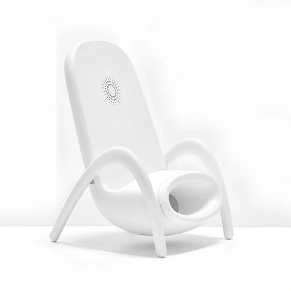 Black amplified wireless charger with bracket, 9.8 x 9.8 x 14.2 cm, for phone charging and audio boost