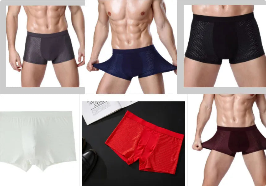 Men's black ice silk modal boxer briefs with a U-convex design and mid waistband laid flat.