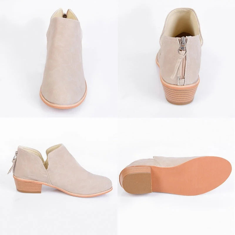 Women's retro high heel ankle boots in pink, black, and beige