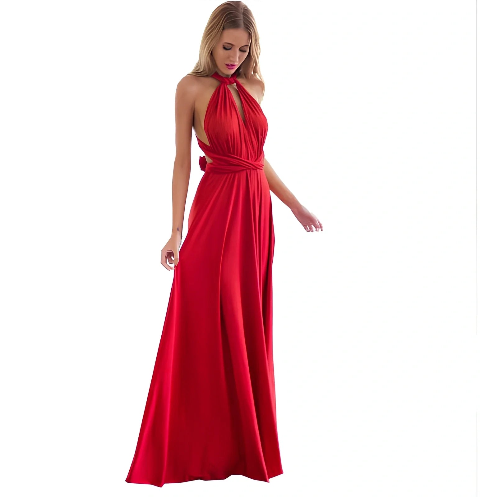 Women's khaki multiway bandage maxi dress with long straps, backless lace design, floor-length 158cm swing skirt in polyester milk silk