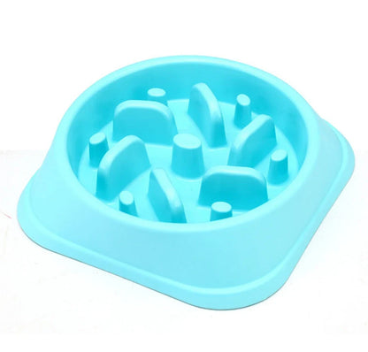 Anti-choke plastic dog bowl in pink, blue, green, and yellow