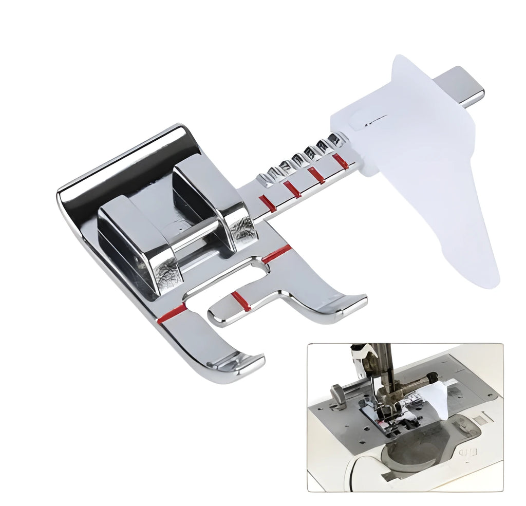 Regular presser foot for household sewing machine with adjustable border guide and red alignment markings