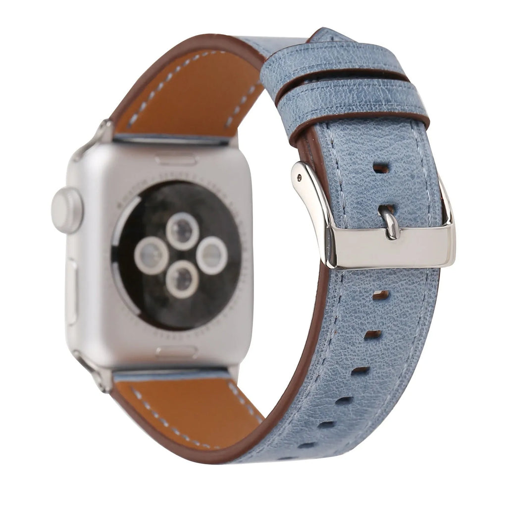 Genuine leather watch strap with folding buckle in blue, shown in 38mm width.