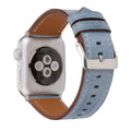 Genuine leather watch strap with folding buckle in blue, shown in 38mm width.