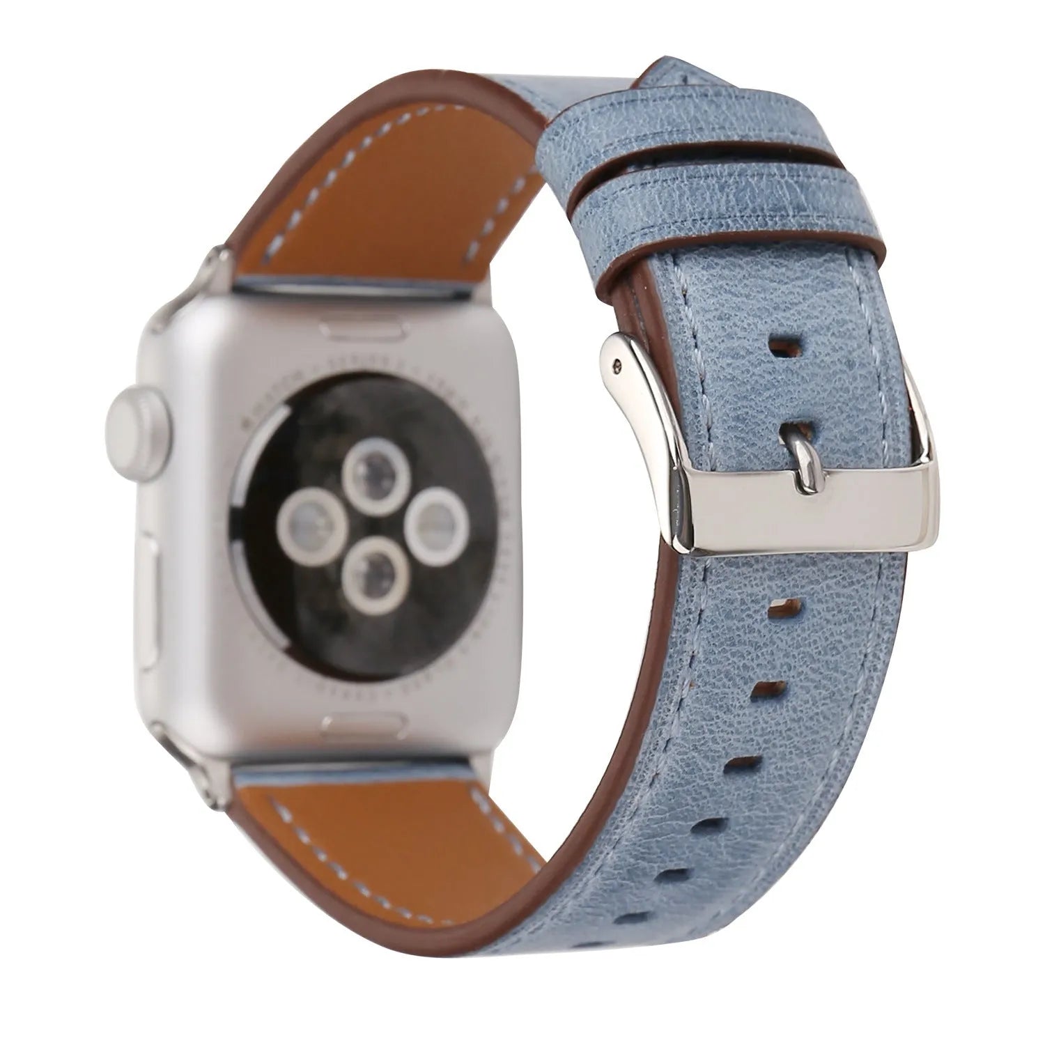 Genuine leather watch strap with folding buckle in blue, shown in 38mm width.