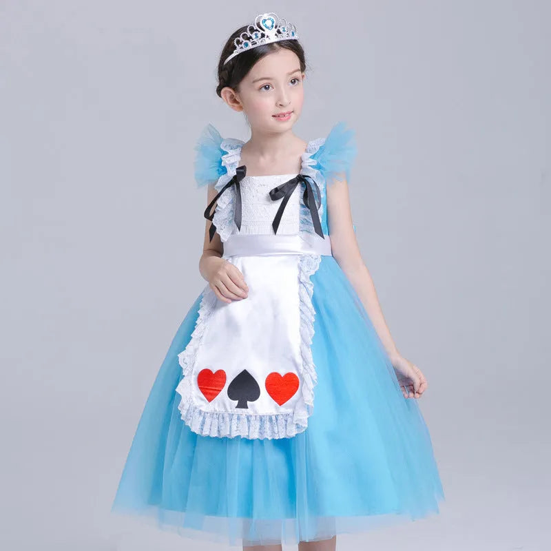 Girls blue Halloween princess dress with cotton chiffon fabric and short sleeves on display