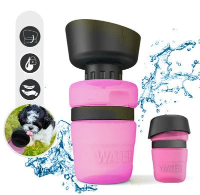 Foldable dog water bottle with integrated bowl in blue, rose red, and tiffany blue