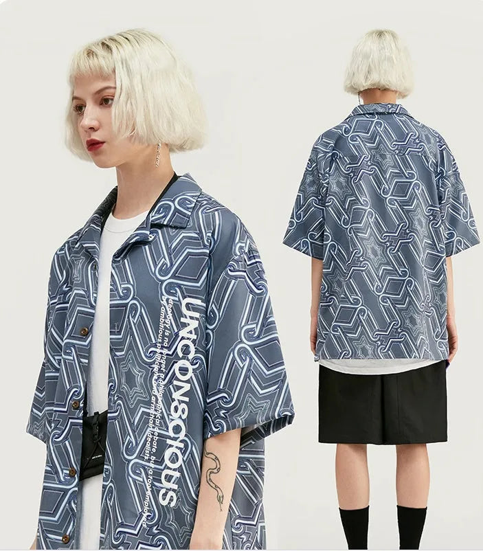 Men's Hawaiian digital print streetwear shirt in photo colour, short sleeves, button front, Asian size L