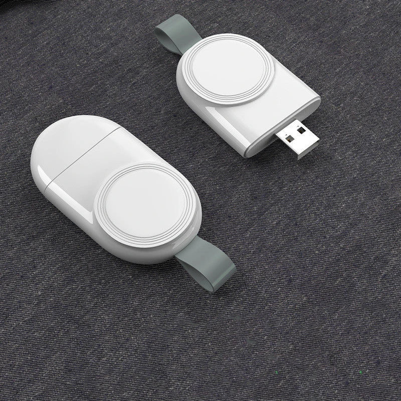 Apple-Compatible Magnetic Wireless Charger for iWatch, featuring a sleek, white design and USB port.