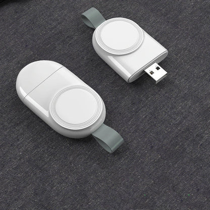 Apple-Compatible Magnetic Wireless Charger for iWatch, featuring a sleek, white design and USB port.