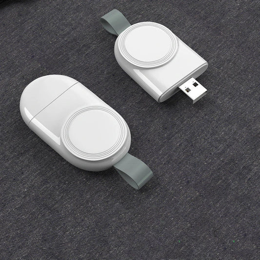 Apple-Compatible Magnetic Wireless Charger for iWatch, featuring a sleek, white design and USB port.