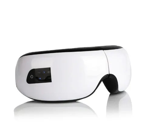Bluetooth music eye massager in pearl white with air pressure hot compress, featuring foldable leather case