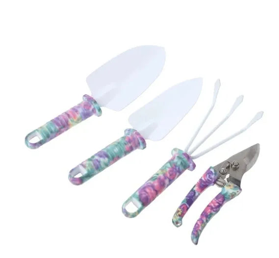 Camouflage 5 piece garden tool set with stainless steel shovel, rake, pruning shears, spray bottle, and plastic case in green and purple