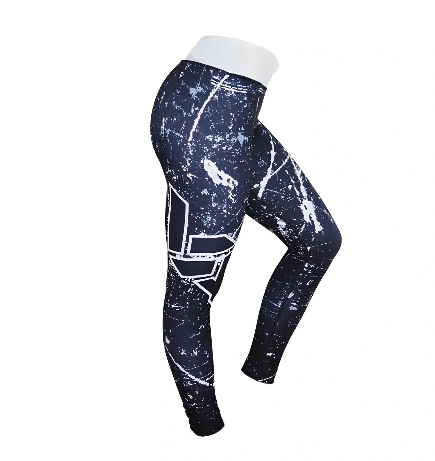 Women's breathable printed leggings in gray digital pattern, 88% polyester 12% elastane, size L with 70cm waist and 91cm length