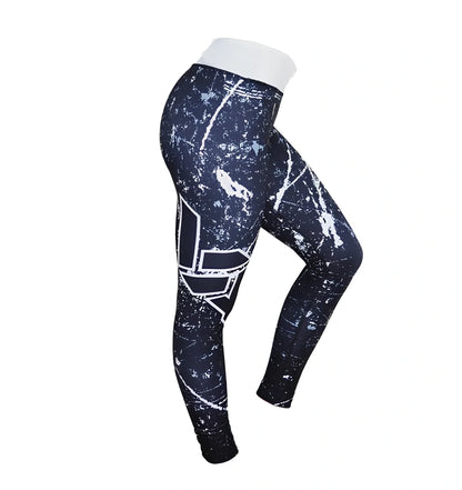 Women's breathable printed leggings in gray digital pattern, 88% polyester 12% elastane, size L with 70cm waist and 91cm length