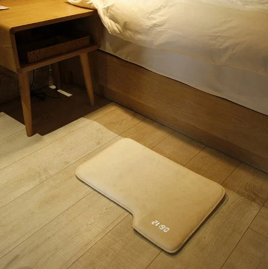 Innovative alarm clock carpet with touch-sensitive design, bright LED display, and high-density memory foam for comfort