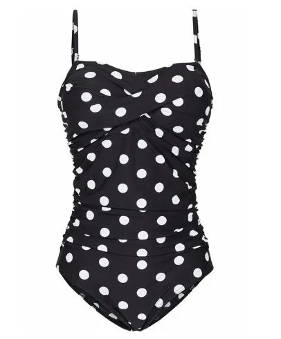 Women's plus-size one-piece swimsuit with open back and steel belt in black, green, and wave point colours