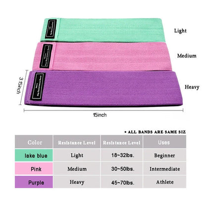 Latex mesh squat resistance band in lake blue, pink, and purple for hip and leg strengthening