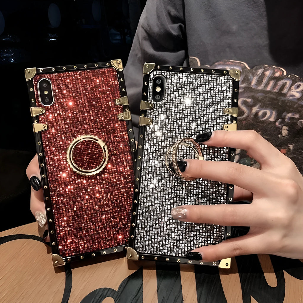 Square TPU mobile phone case with a flash diamond bracket design in silver colour