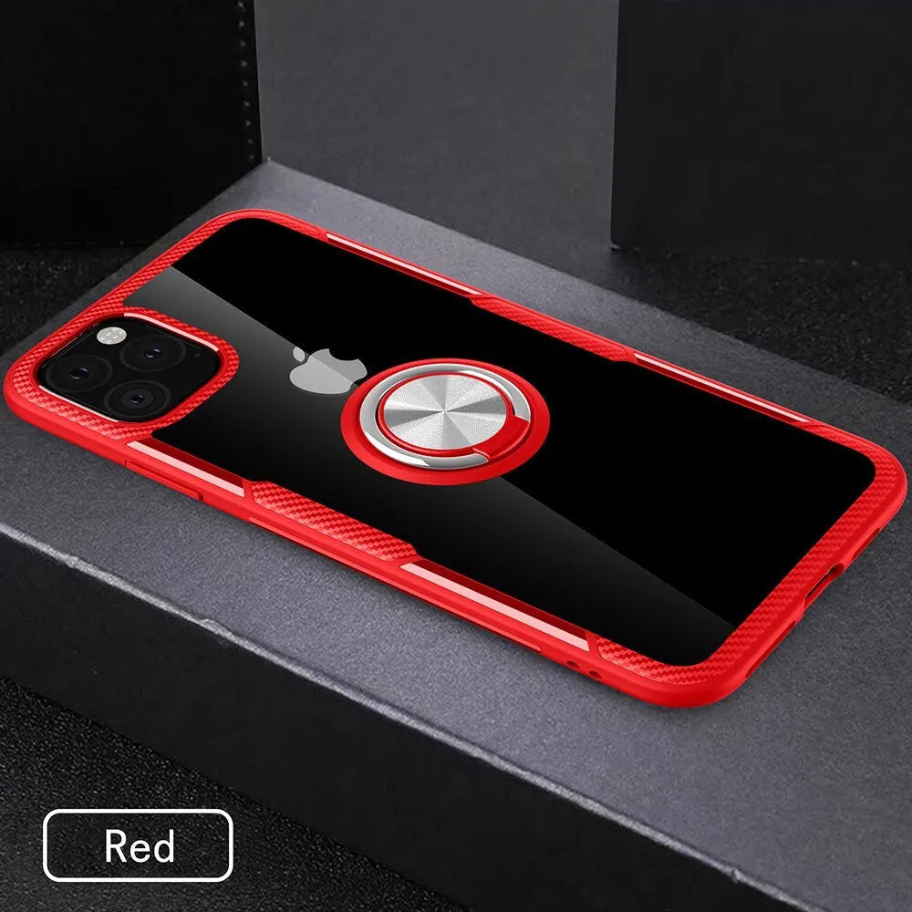 Black PU protective back cover case for iPhone mounted in a car holder, showing full access to charging port and buttons.