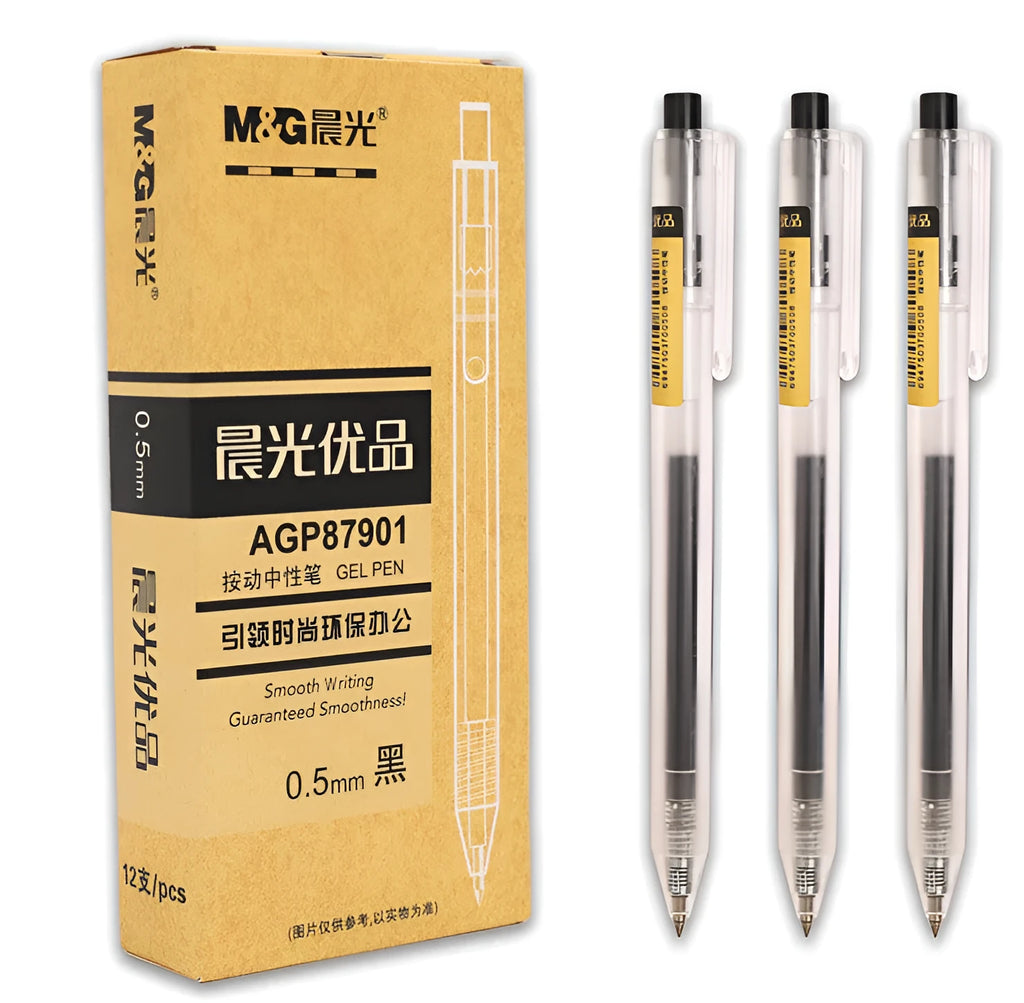 12 black frosted stick retractable gel pens with 0.5mm tips and two refills