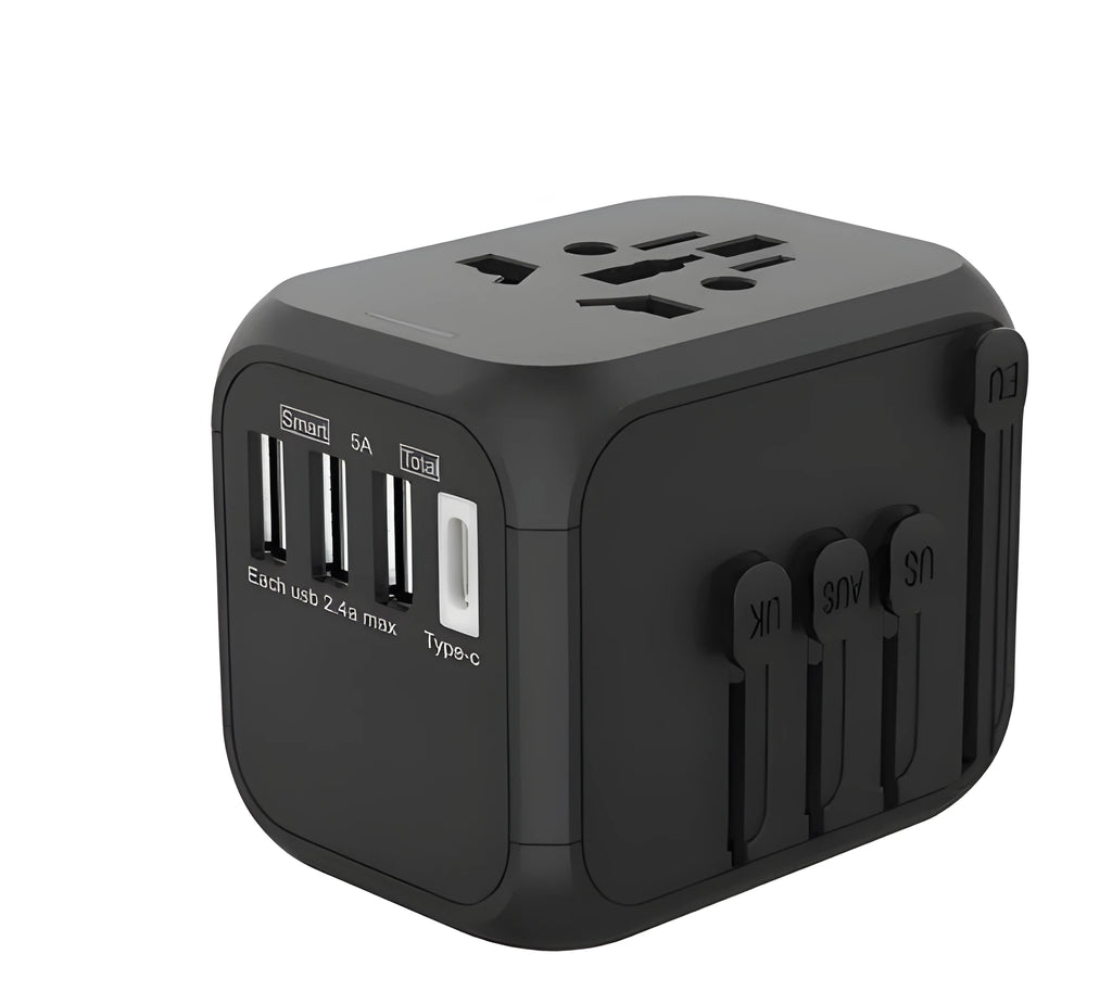 Black international travel plug adaptor showing six conversion holes for different socket types