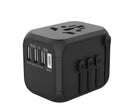 Black international travel plug adaptor showing six conversion holes for different socket types