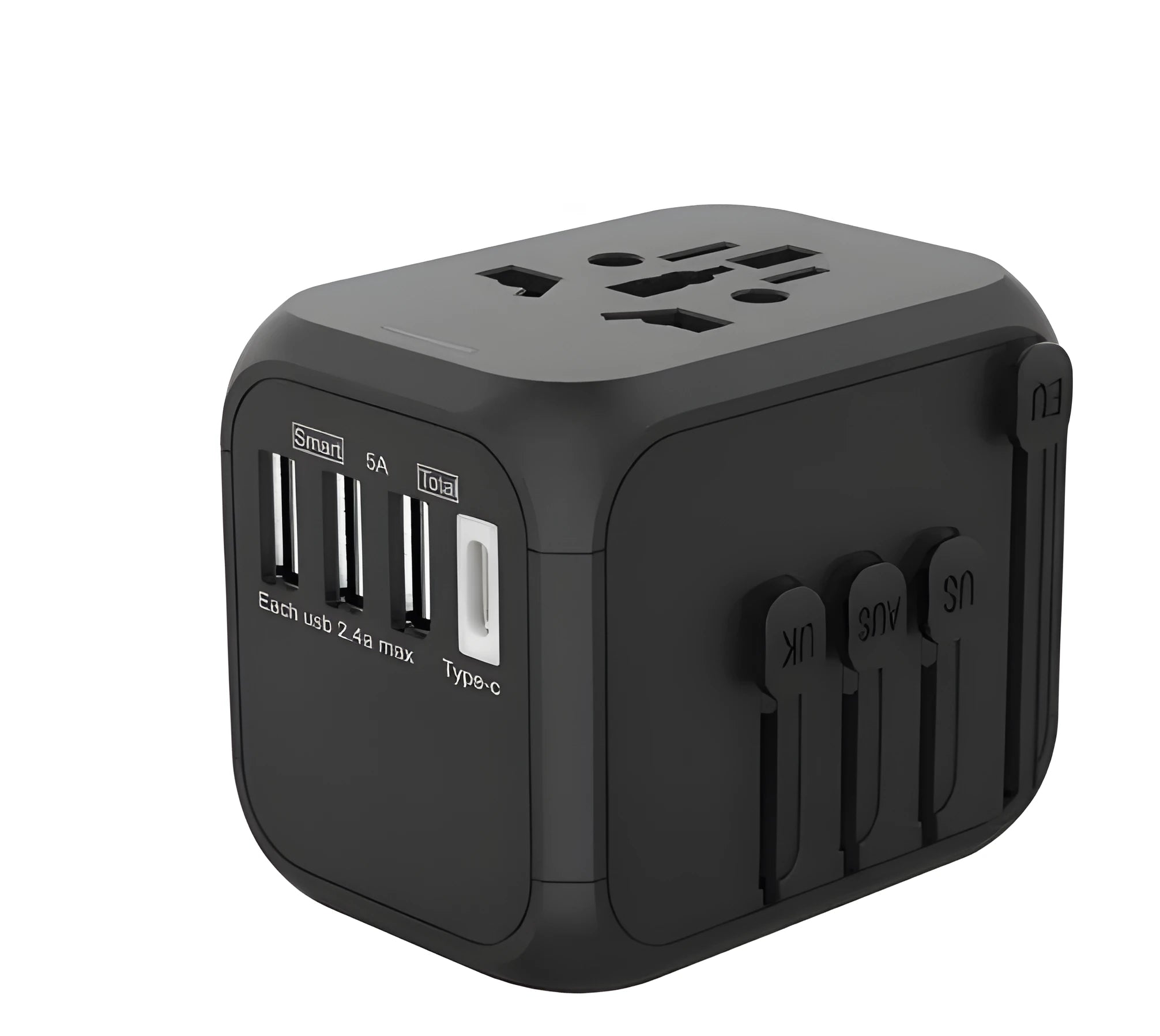 Black international travel plug adaptor showing six conversion holes for different socket types