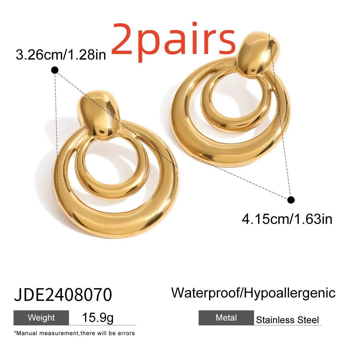 Round double layer hollow stud earrings with geometric design in electroplated 18K gold finish