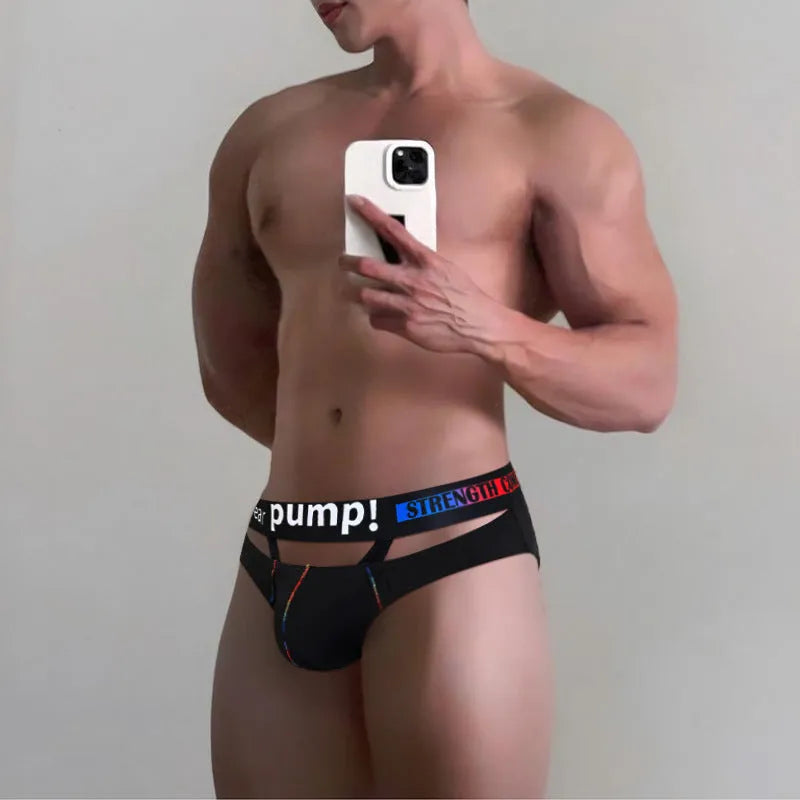Men's solid colour modal briefs in black and white on a white background, showing low waist design