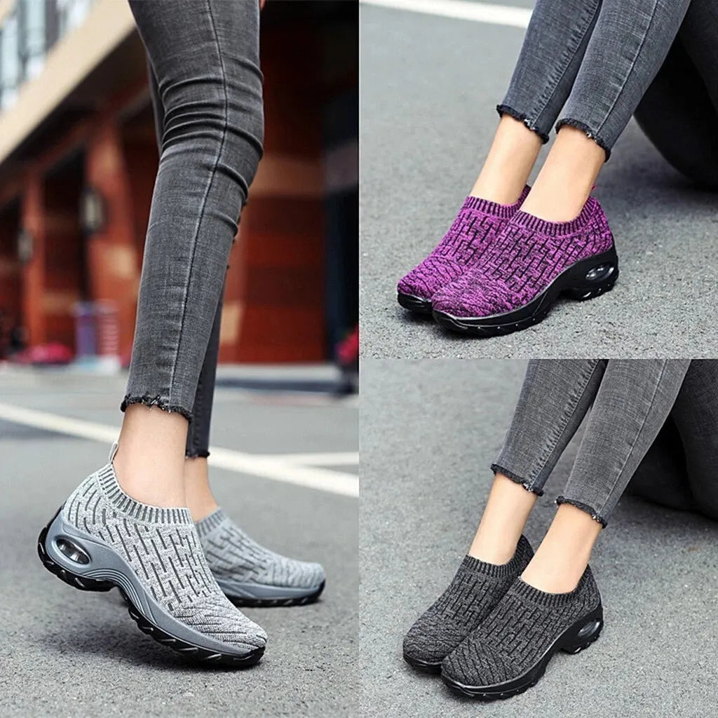 Women's air cushion walking shoes with breathable mesh upper, available in black, purple, grey, dark blue