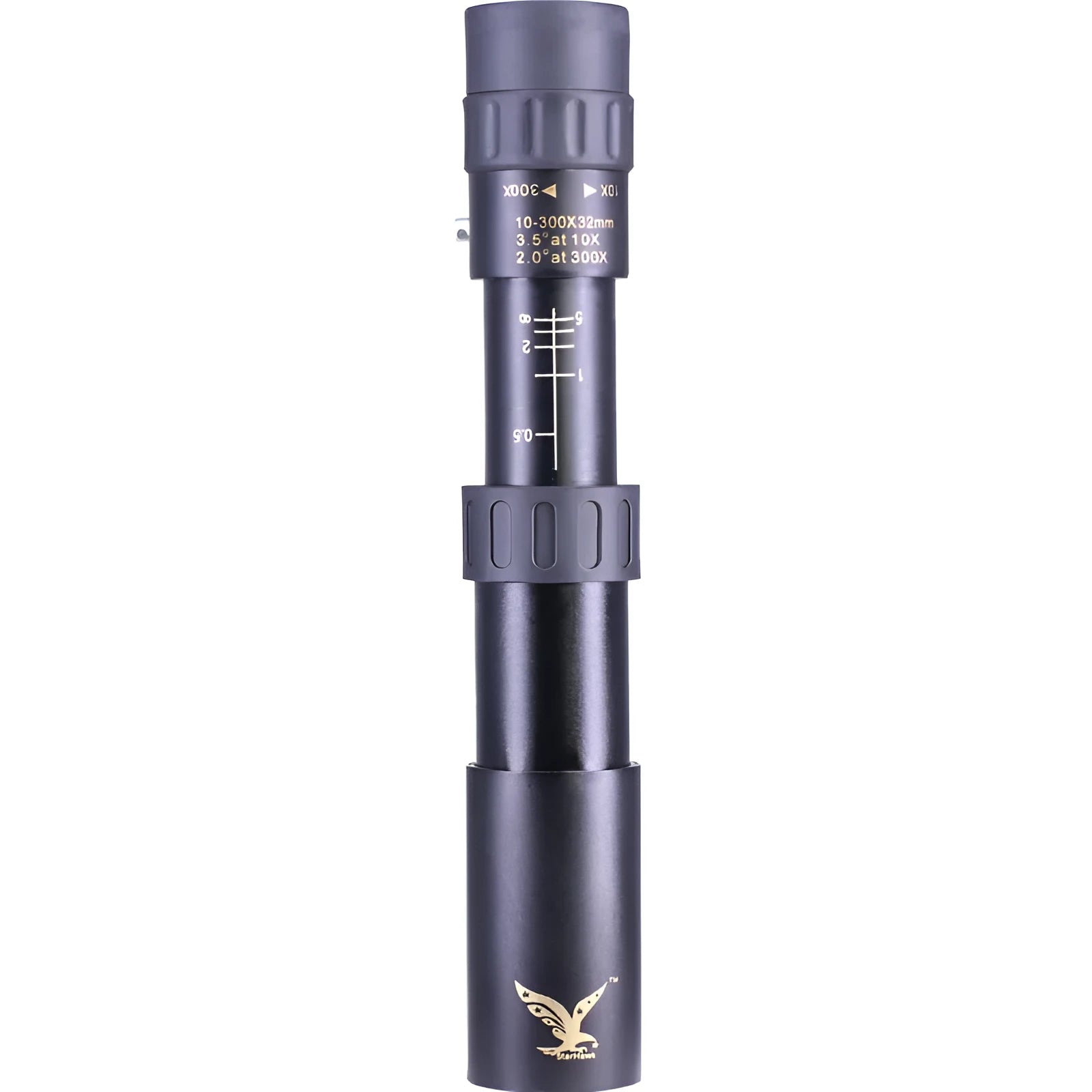 Black telescopic monocular 10-300x40mm with BAK4 prism and phone clip attached, on outdoor background