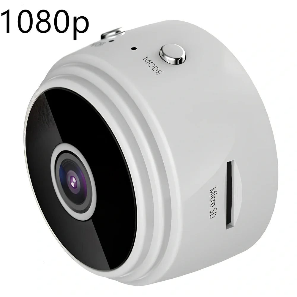 Compact white A9 WiFi sports camera with 1080P HD, infrared night vision, 45x45x50mm size, mounted on rotating bracket