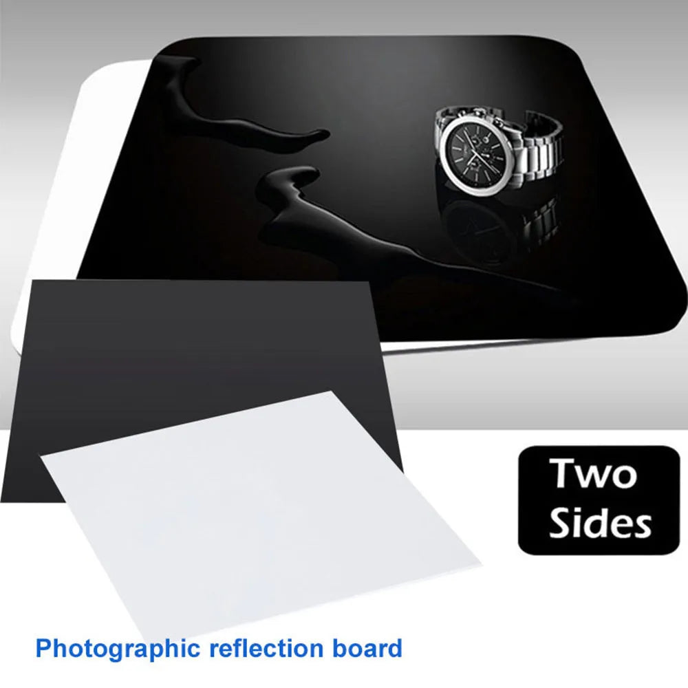 Black and white square acrylic reflection boards for tabletop product photography in three sizes.