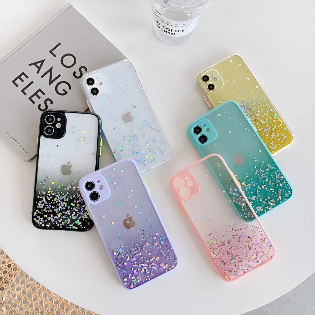 Silicone back cover for iPhone with frosted marble IMD finish and epoxy glitter gradient in multiple colours
