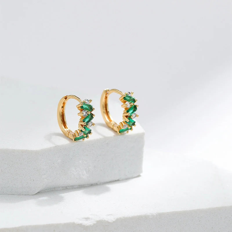 Leaf inlaid zircon emerald ear clips with geometric design and 18K copper construction