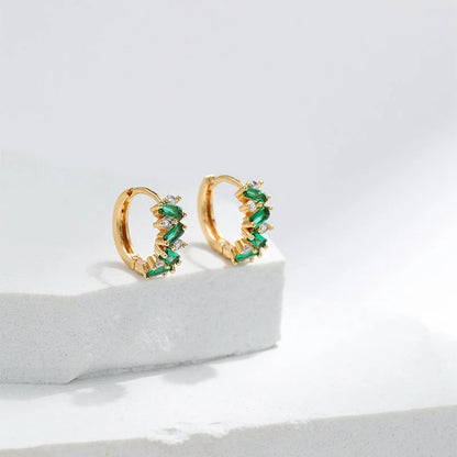 Leaf inlaid zircon emerald ear clips with geometric design and 18K copper construction