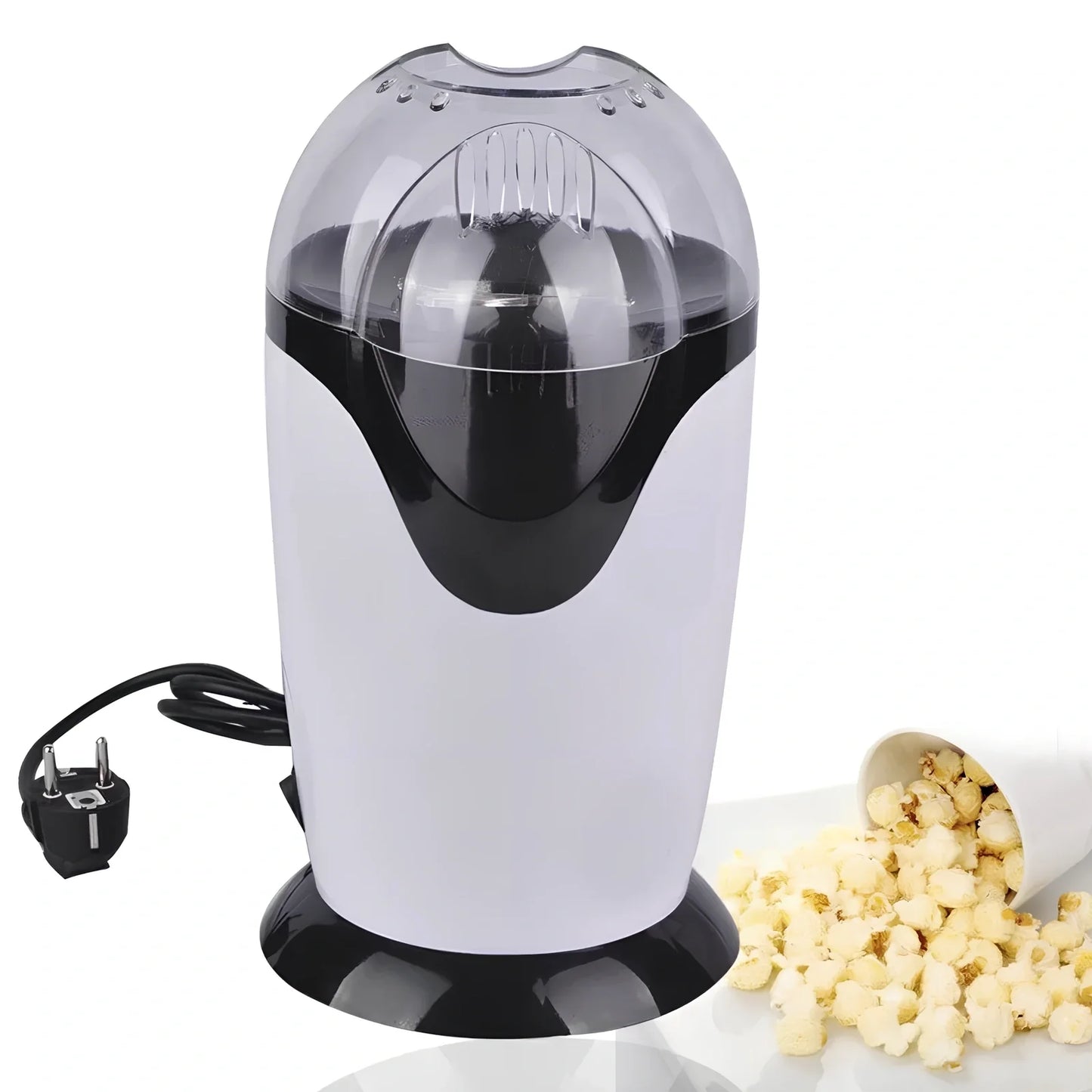 White hot air popcorn maker with measuring cup and removable chute