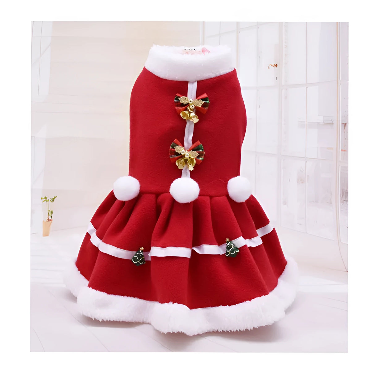 Red fleece Christmas dog dress with skirt design on a small dog, size S to XXL available.