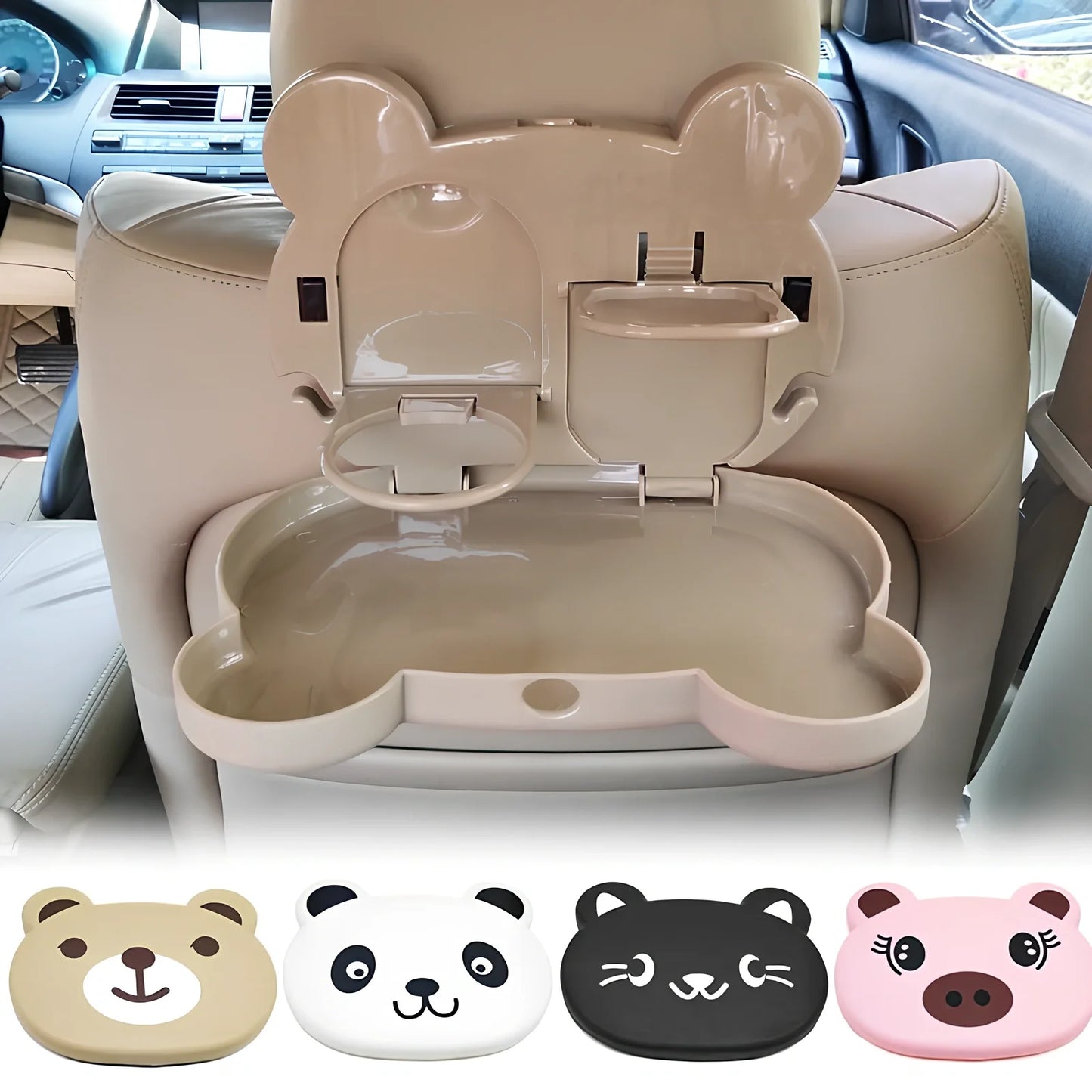 White child car seat table with 20x23.5cm surface and side hooks mounted on vehicle seat