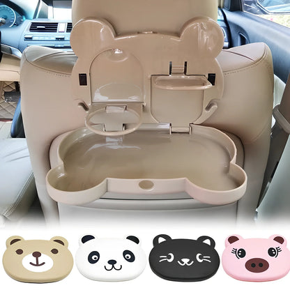 White child car seat table with 20x23.5cm surface and side hooks mounted on vehicle seat