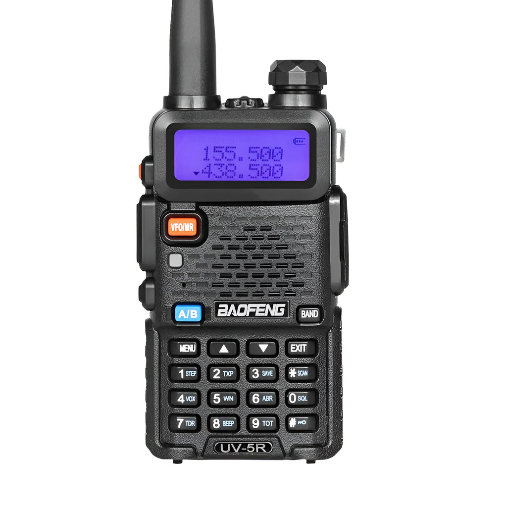 Black dual-band VHF UHF walkie talkie with 128 channels and a 5-10 km communication range.