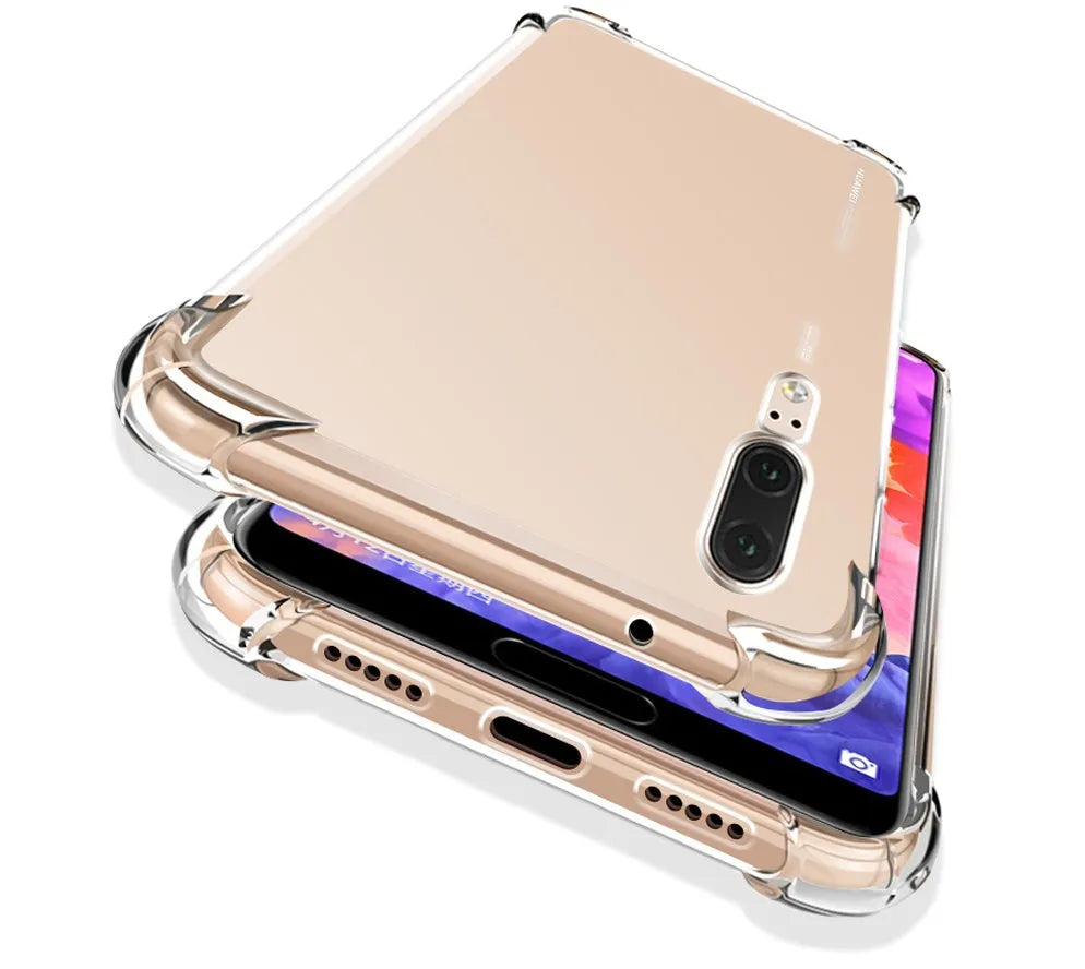 Transparent TPU phone case for Huawei and Honor smartphones showing airbag anti-fall design.