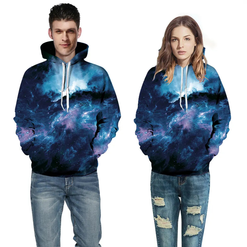 Deep Blue Galaxy Hoodie pullover with printed galaxy pattern on a deep blue background, front view