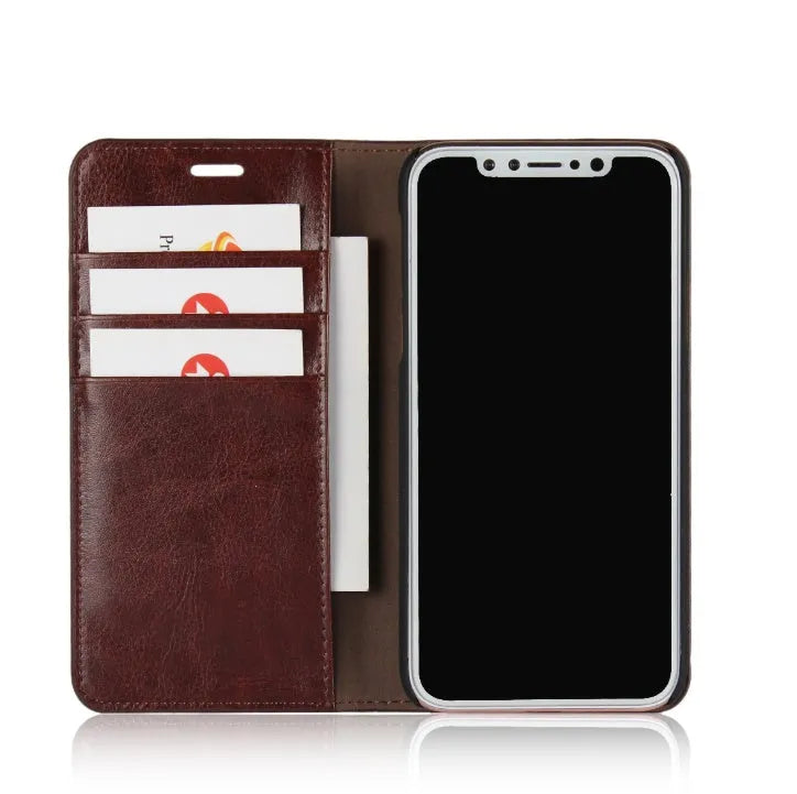 Genuine leather flip wallet case for iPhone XR with crazy horse pattern in brown colour, showing card slots
