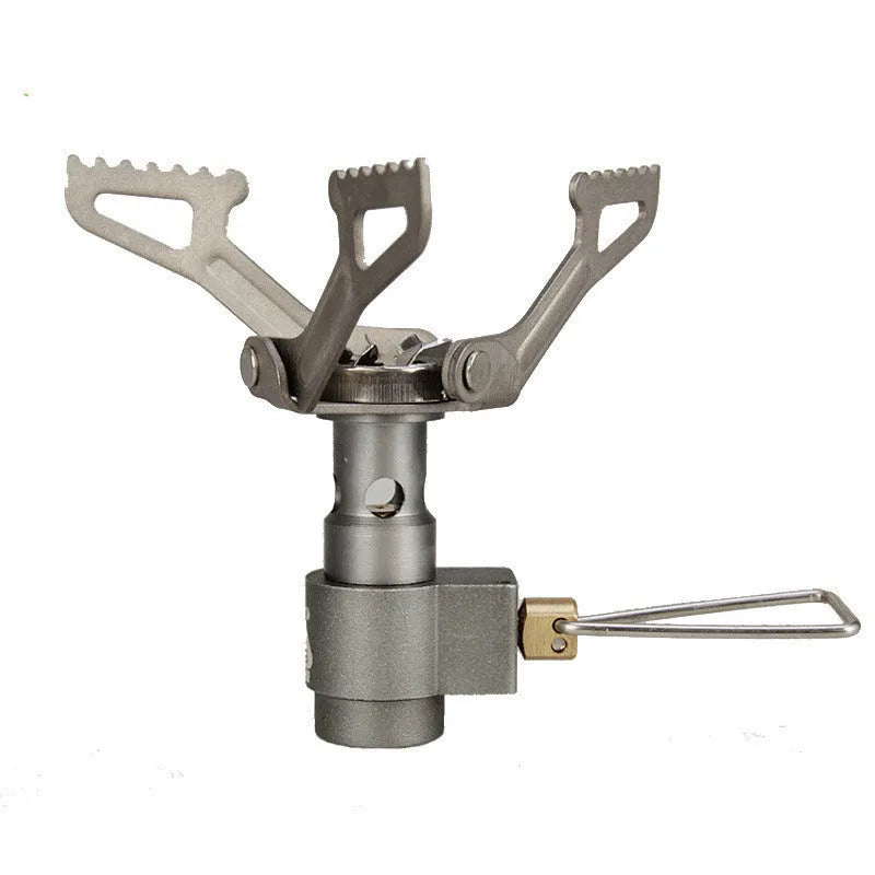 Single-piece portable propane gas camping stove for outdoor use.